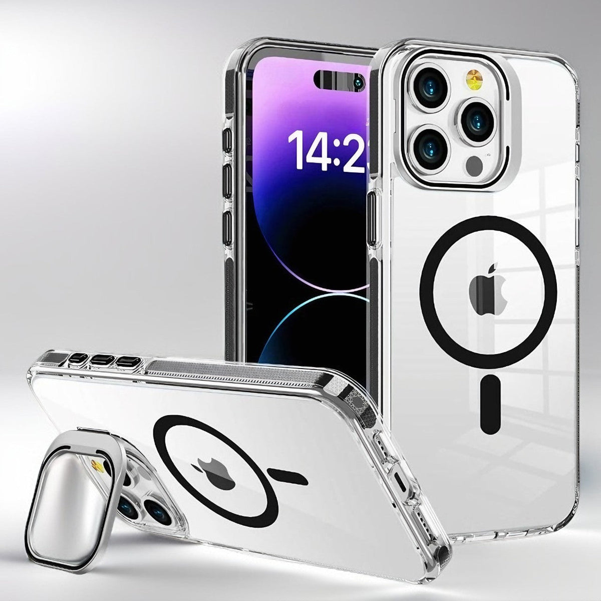 GripClear Elite transparent MagSafe iPhone 16 case with anti-drop shockproof corner airbags and lens stand feature.