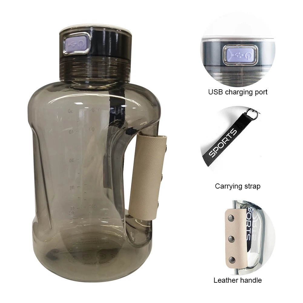 HydroBoost hydrogen water bottle with USB charging port, leather handle, and carrying strap.