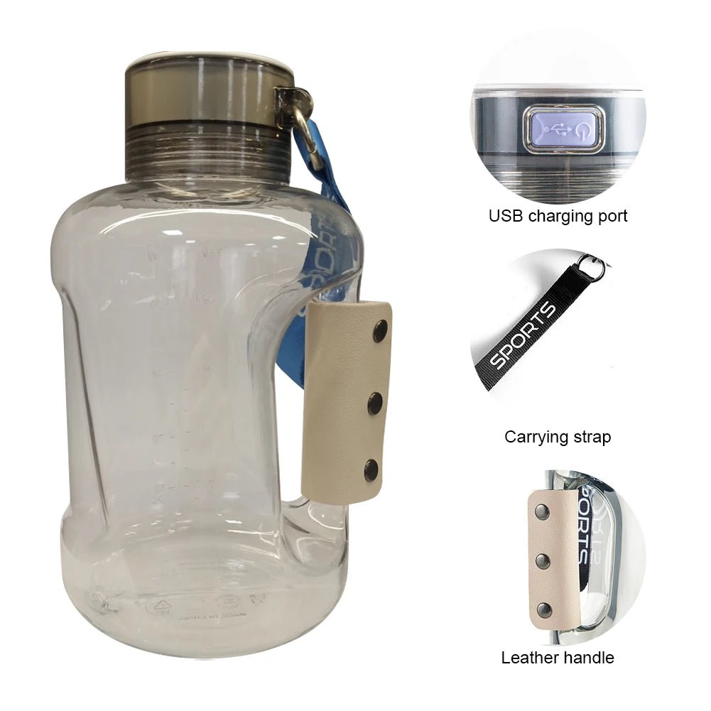 Transparent HydroBoost hydrogen water bottle with USB charging port, leather handle, and blue strap.