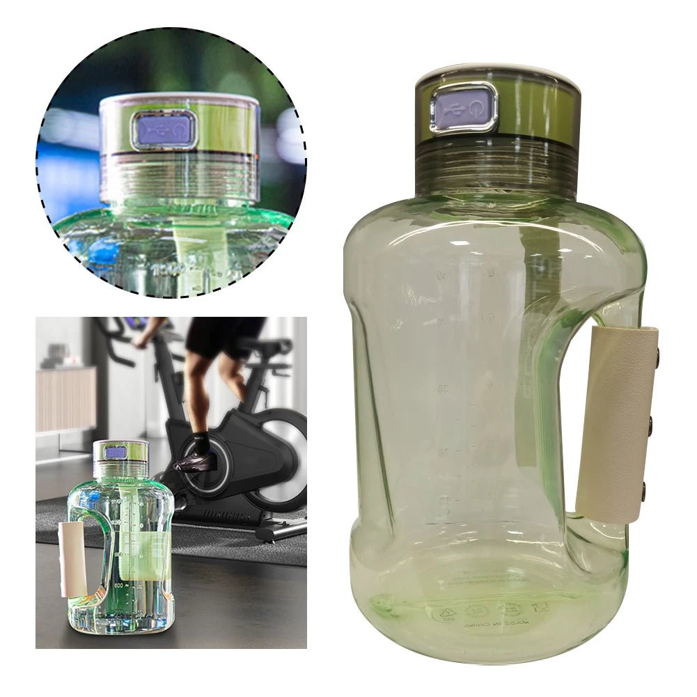 Green HydroBoost hydrogen water bottle with USB charging port, leather handle, and gym-friendly design.