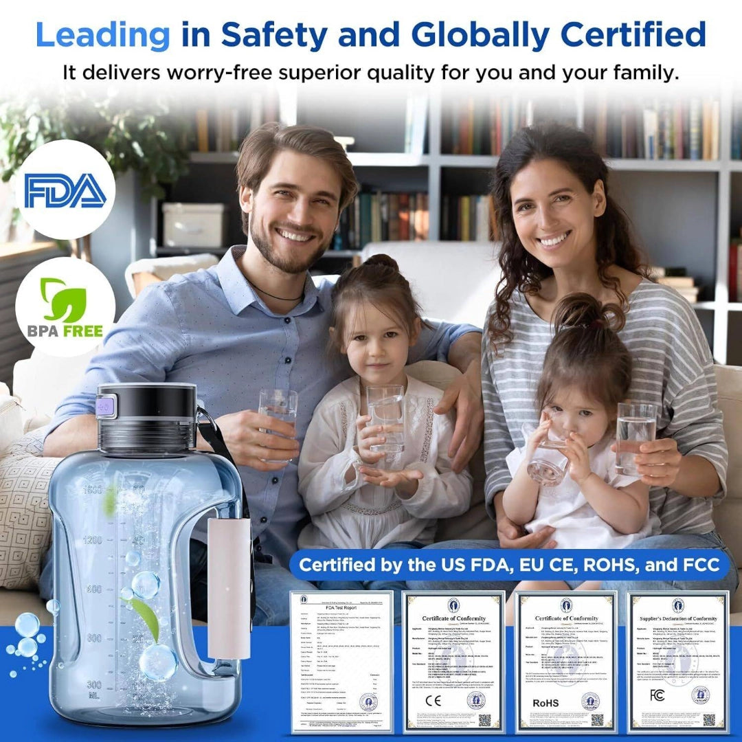 Family using HydroBoost hydrogen water bottle, highlighting safety certifications and superior quality.