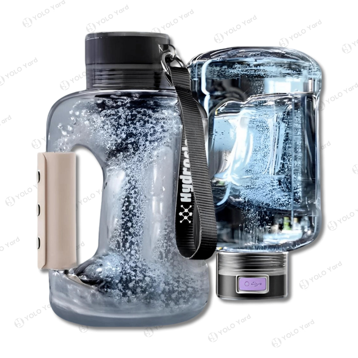 HydroBoost 1.5L hydrogen water bottle with leather handle, USB charging port, and visible hydrogen infusion process.