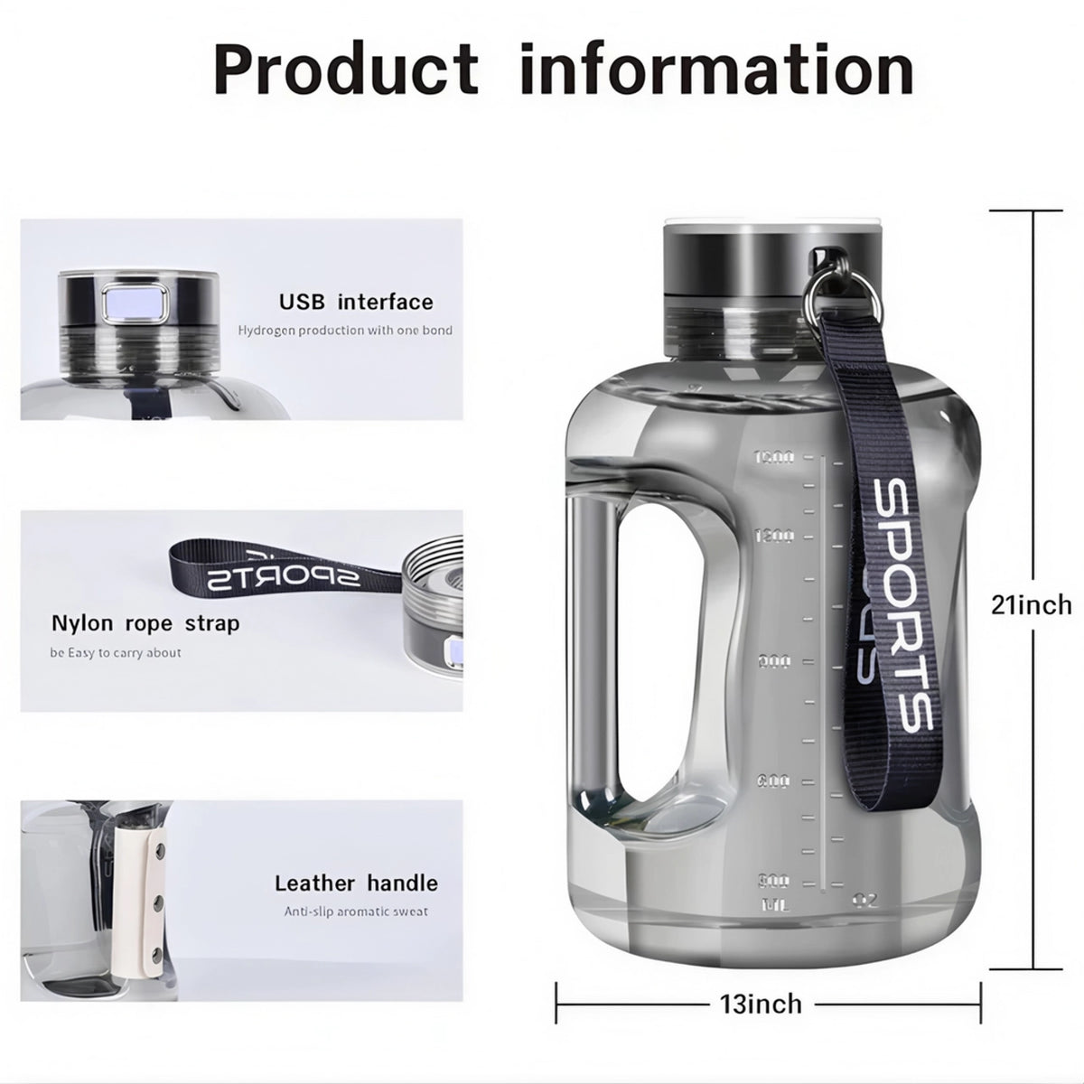 HydroBoost hydrogen water bottle dimensions, USB interface, nylon strap, and leather handle details.