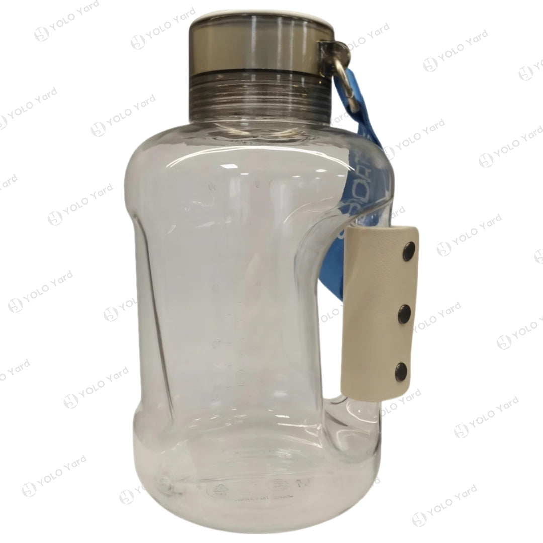 Transparent HydroBoost hydrogen water bottle with blue strap, ergonomic handle, and 1.5L capacity.