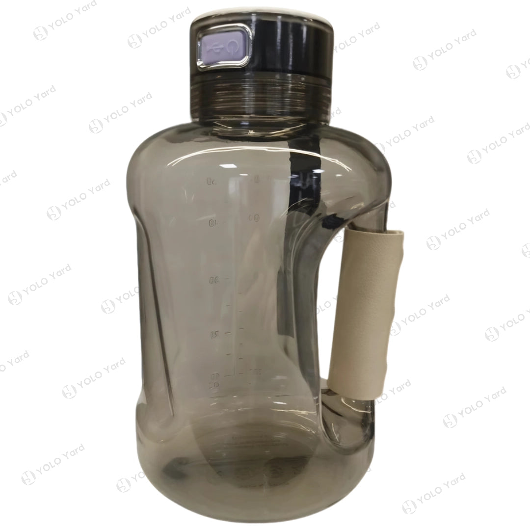 HydroBoost hydrogen water bottle in smoke-gray color with ergonomic handle and measurement markings.