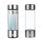 AquaPure Hydrogen Glass Water Bottle 420mL with stainless steel base and lid, showcasing hydrogen-rich water production.