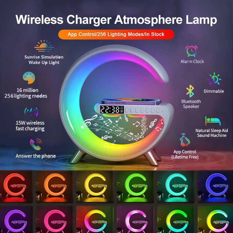 Wireless charger atmosphere lamp with app-controlled 256 lighting modes, Bluetooth speaker, alarm clock, and sunrise simulation wake-up light.