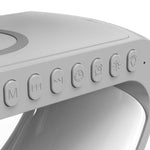 Close-up of control buttons on the G-shaped LED lamp, including lighting, alarm, and music playback controls for user convenience.