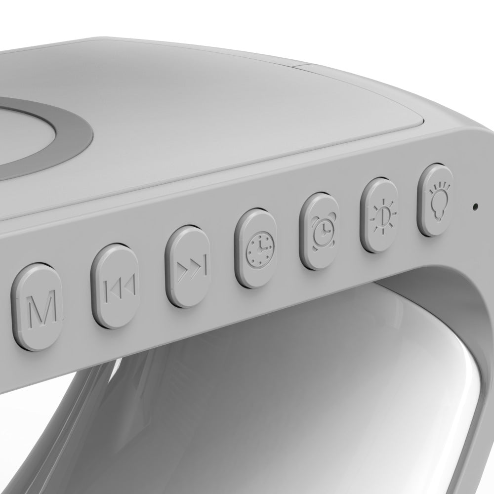 Close-up of control buttons on the G-shaped LED lamp, including lighting, alarm, and music playback controls for user convenience.