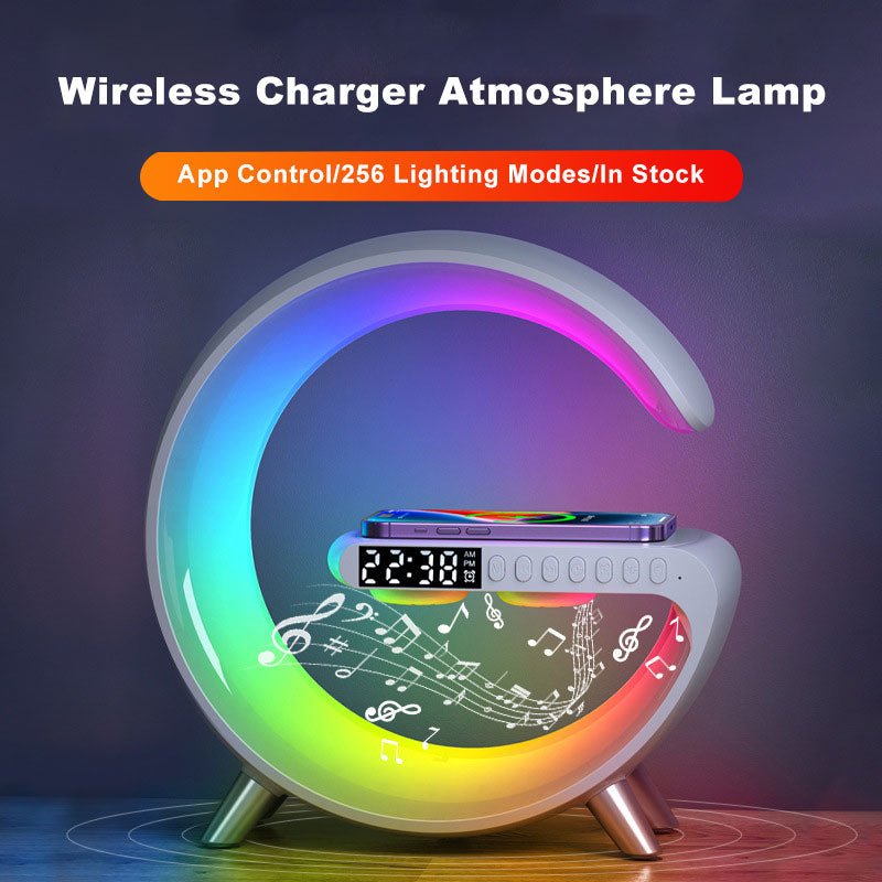 G-shaped wireless charger atmosphere lamp with app control, 256 lighting modes, Bluetooth speaker, and music-themed design.