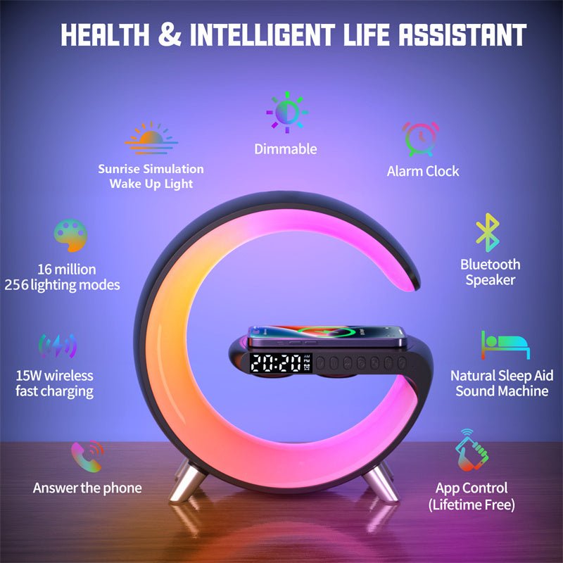 Health and intelligent life assistant G-shaped lamp featuring 15W wireless charging, 16 million lighting modes, and natural sleep aid sound machine.