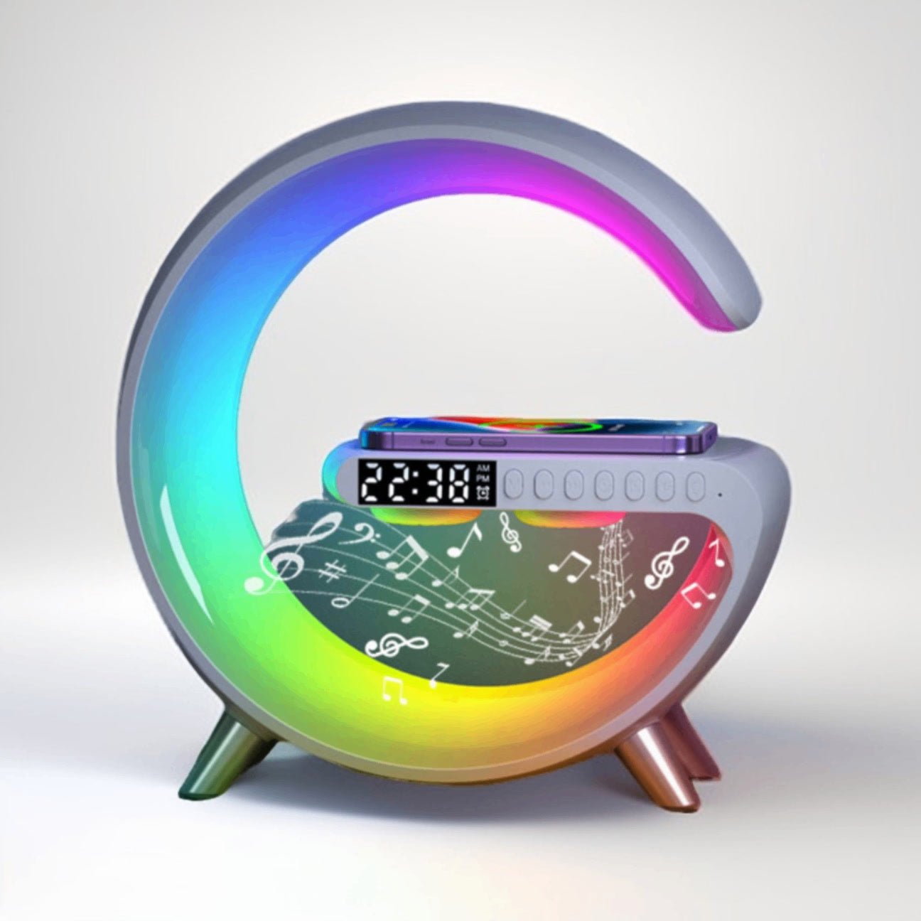 G-shaped multi-color LED lamp with wireless charging, Bluetooth speaker, and digital clock display, featuring a vibrant atmosphere light design.