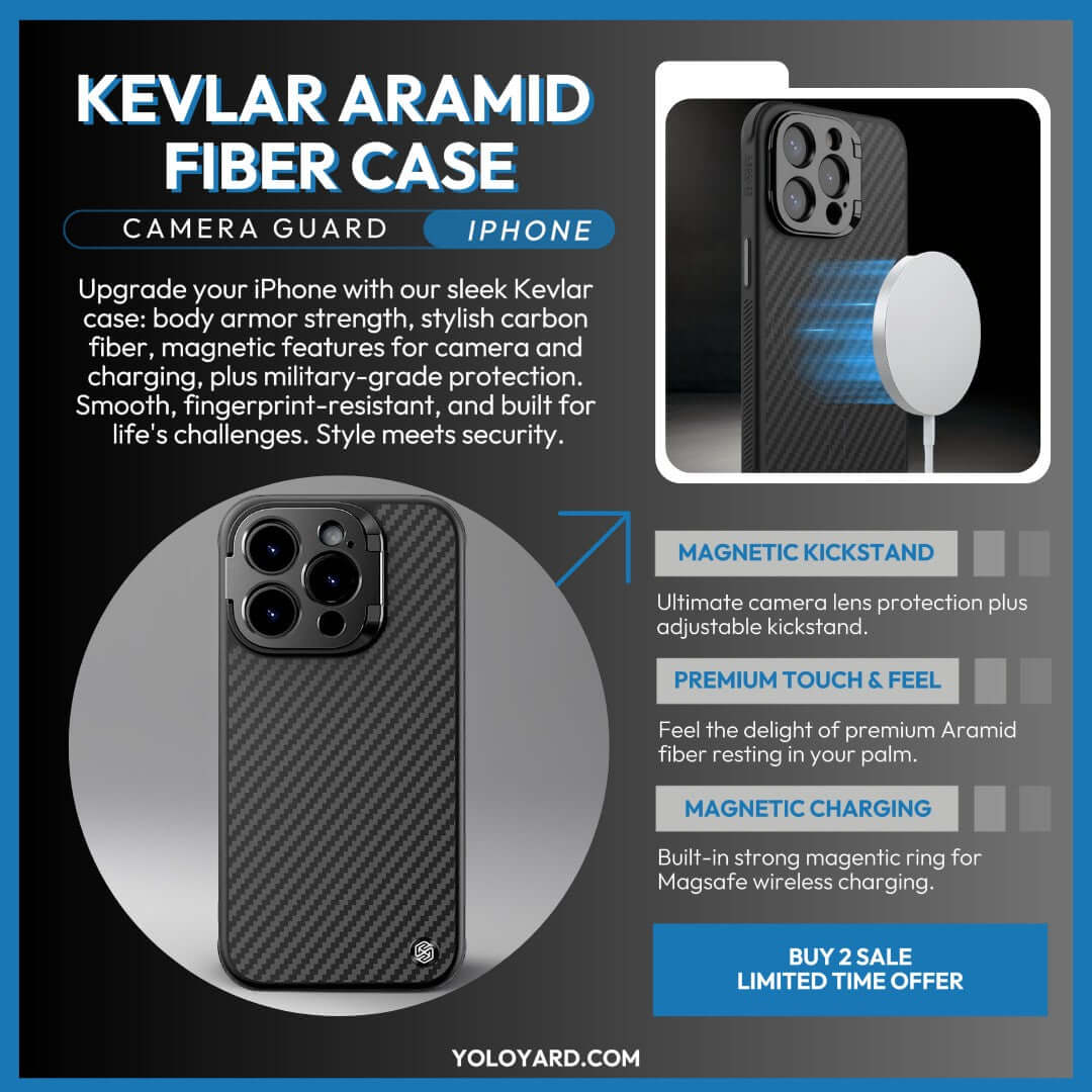 Kevlar aramid fiber iPhone case with camera guard, MagSafe charging, and built-in kickstand features. Manufactured by NILLKIN.