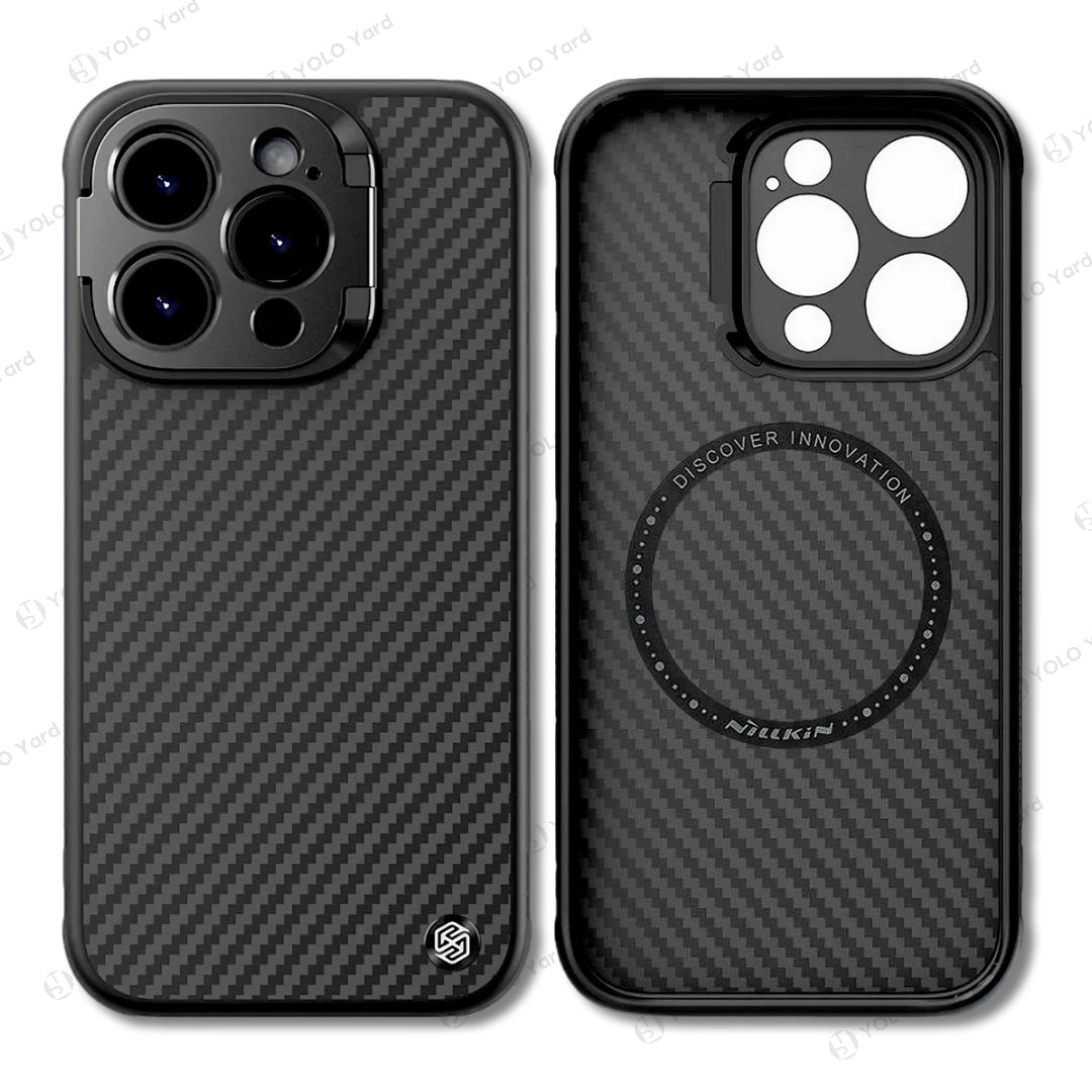 Aramid fiber iPhone case with carbon fiber pattern, MagSafe compatibility, and camera lens bracket for enhanced protection. Manufactured by NILLKIN.