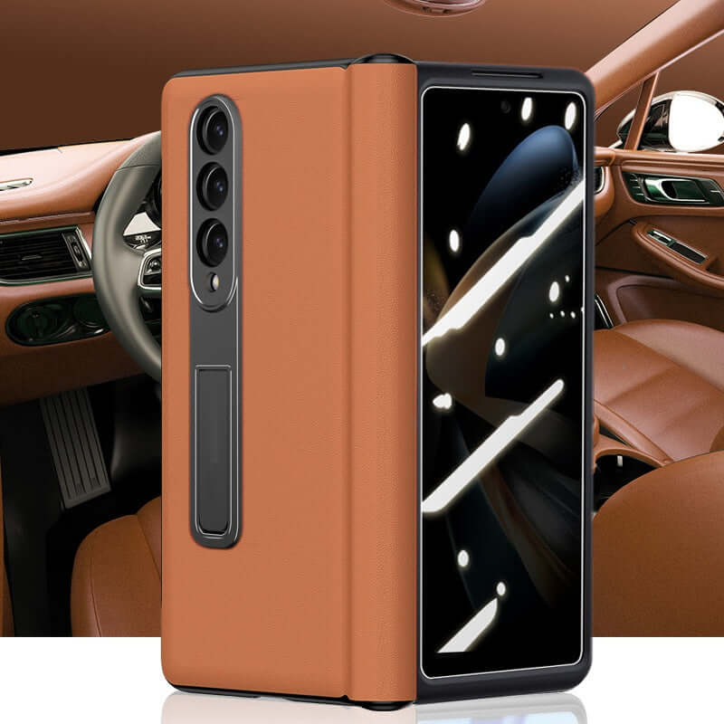 Leather Privacy Armor 360 Case Galaxy Z Fold 5 4 3 Privacy Screen Protector Genuine Napa Leather Magnetic Hinge Kickstand