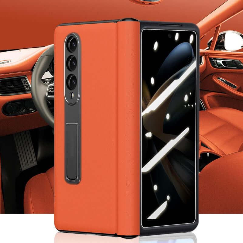 Leather Privacy Armor 360 Case Galaxy Z Fold 5 4 3 Privacy Screen Protector Genuine Napa Leather Magnetic Hinge Kickstand