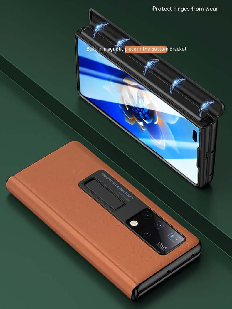 Leather Privacy Armor 360 Case Galaxy Z Fold 5 4 3 Privacy Screen Protector Genuine Napa Leather Magnetic Hinge Kickstand