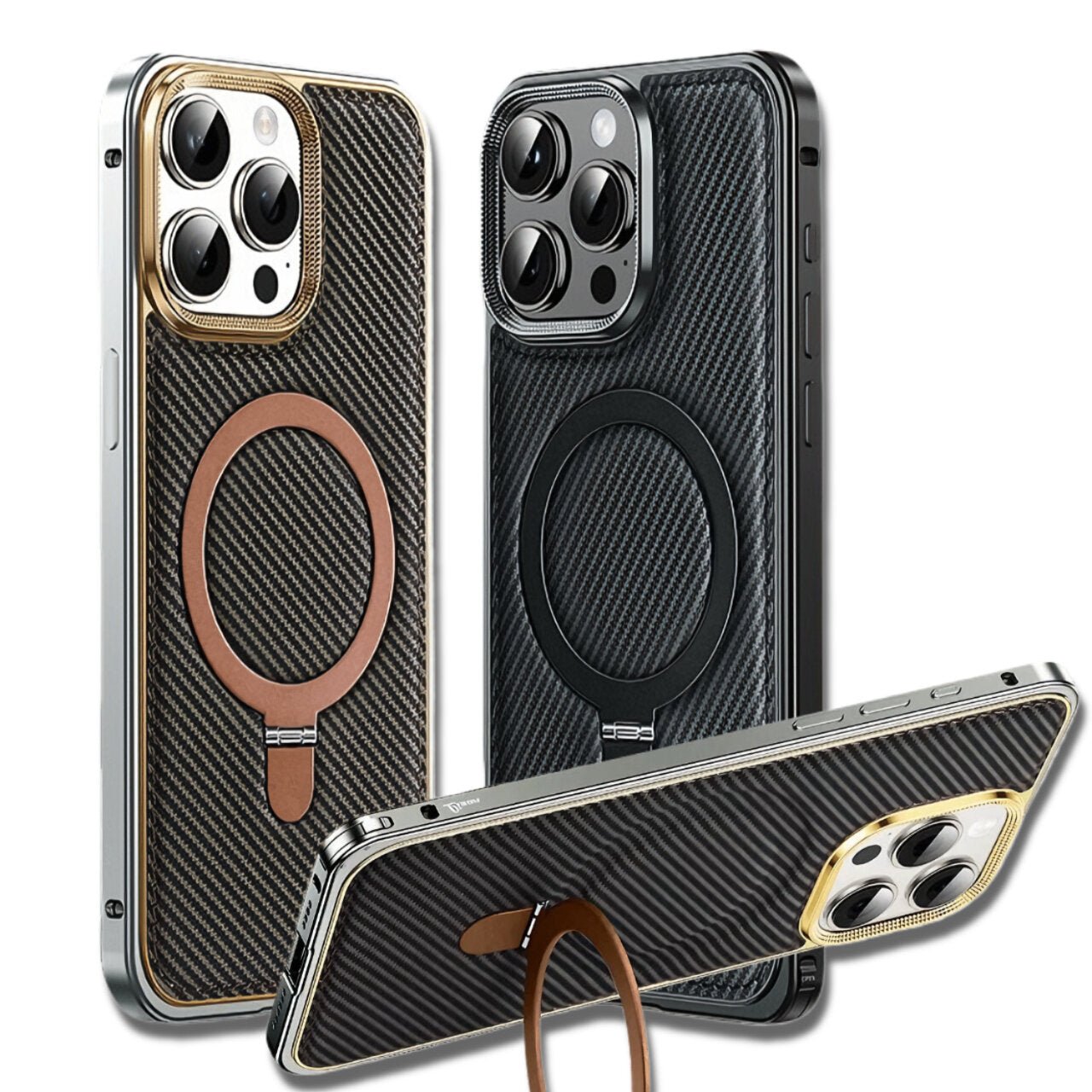 Luxury MagSafe iPhone case with carbon texture, premium leather, and aluminum frame in black and brown, featuring a ring stand.