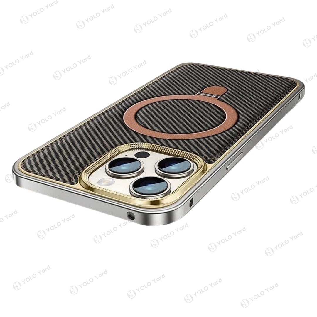 Fashion brown MagSafe iPhone case with carbon texture, premium leather, and aluminum frame, featuring a brown magnetic ring stand.