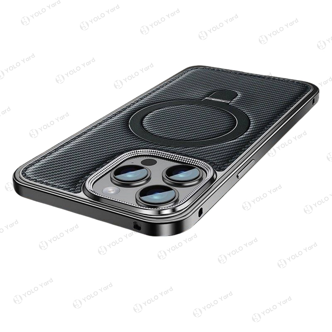 Elegant black MagSafe iPhone case with carbon texture, premium leather, and aluminum frame, featuring a magnetic ring stand.