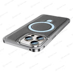 Deep space grey MagSafe iPhone case with carbon texture, premium leather, and aluminum frame, featuring a blue magnetic ring stand.