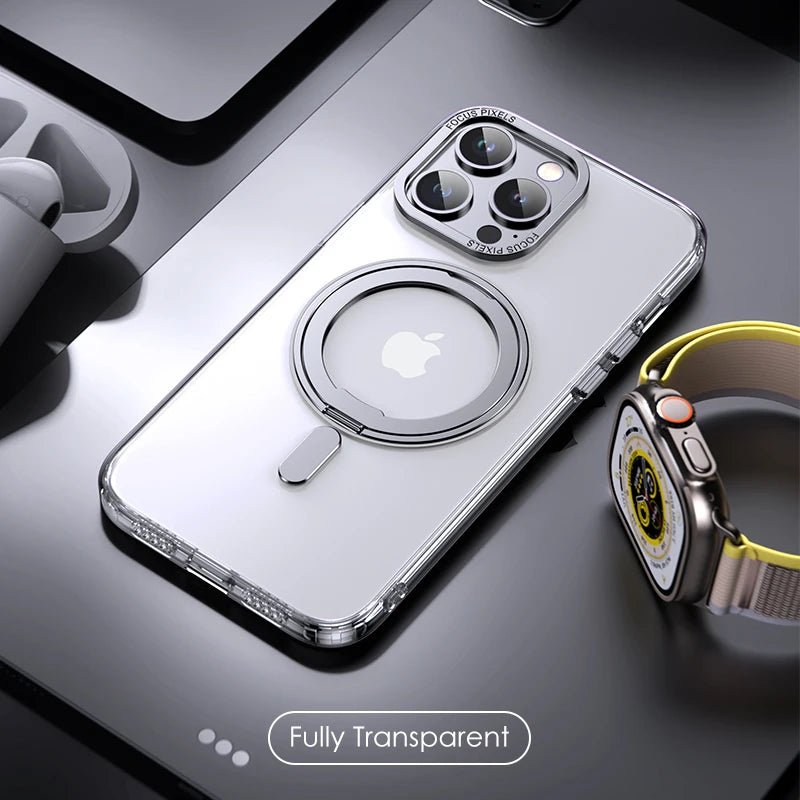 Fully transparent LuxeMag 360° Rotating Stand MagSafe iPhone Case on a desk, highlighting its clear design and strong magnetic ring. Shop best Otterbox or Spigen alternatives at YOLO Yard.