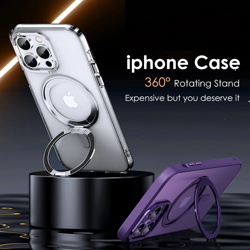 Purple and transparent LuxeMag 360° Rotating Stand MagSafe iPhone Cases with kickstands, emphasizing their premium and functional design. Shop best Otterbox or Spigen alternatives at YOLO Yard.