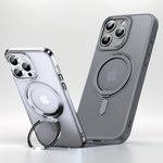 Gray and transparent LuxeMag 360° Rotating Stand MagSafe iPhone Cases with built-in kickstands, highlighting their versatile design. Shop best Otterbox or Spigen alternatives at YOLO Yard.