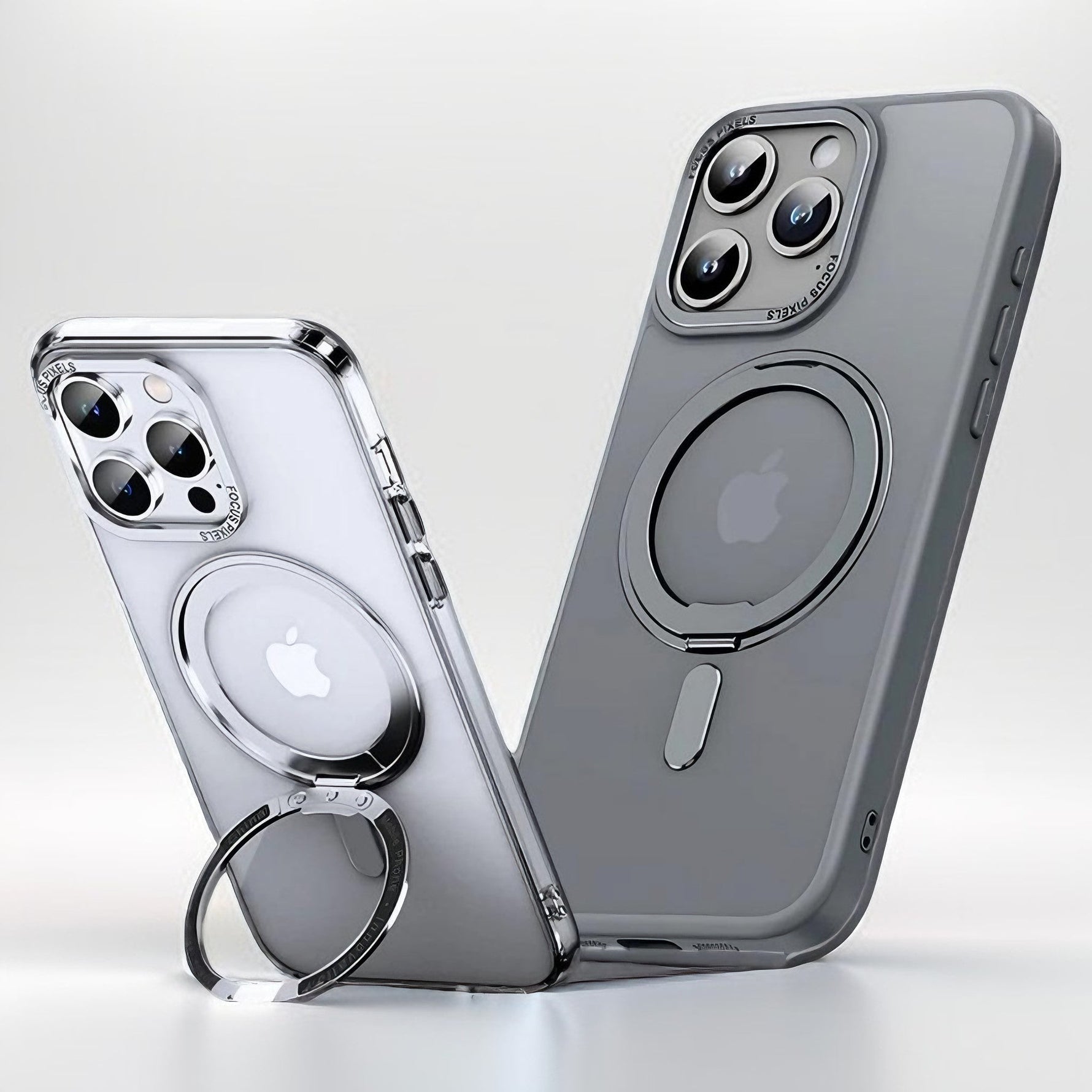 Gray and transparent LuxeMag 360° Rotating Stand MagSafe iPhone Cases with built-in kickstands, highlighting their versatile design. Shop best Otterbox or Spigen alternatives at YOLO Yard.