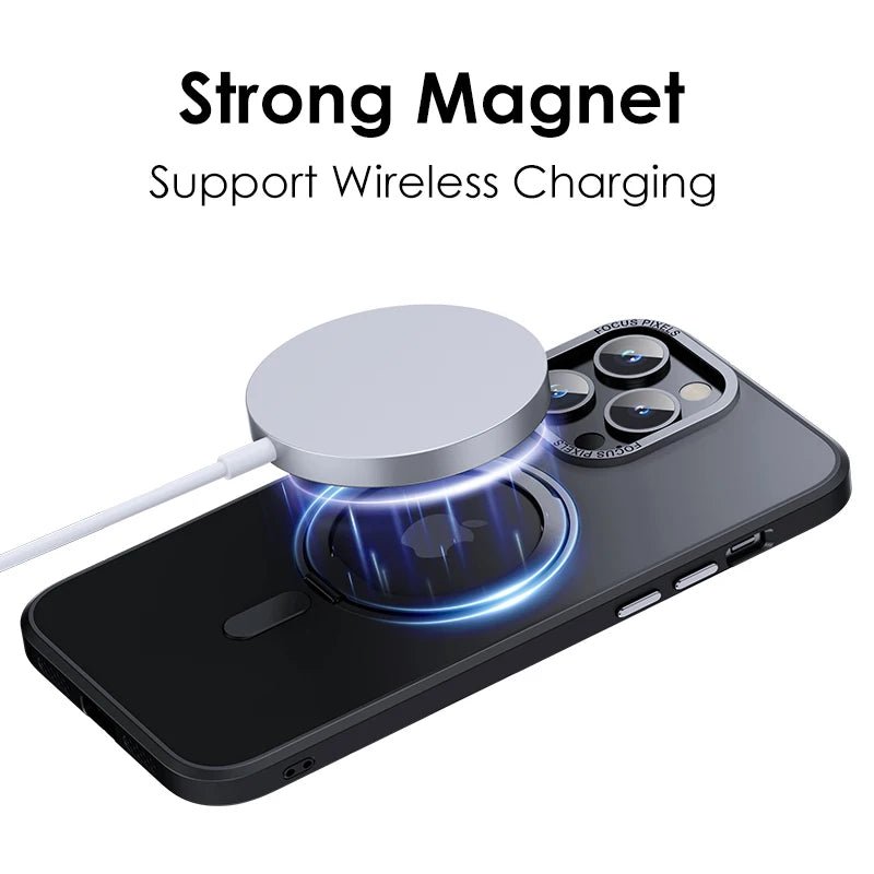 Black LuxeMag 360° Rotating Stand MagSafe iPhone Case with strong magnet supporting wireless charging, shown with a charging pad. Shop best Otterbox or Spigen alternatives at YOLO Yard.