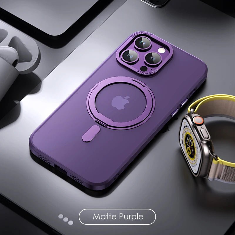 Matte purple LuxeMag 360° Rotating Stand MagSafe iPhone Case on a desk, featuring its stylish finish and durable build. Shop best Otterbox or Spigen alternatives at YOLO Yard.