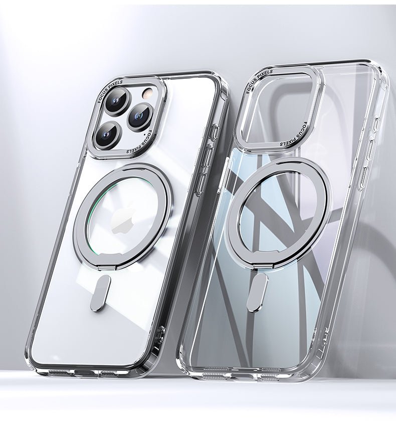 Transparent LuxeMag 360° Rotating Stand MagSafe iPhone Case with anti-scratch and shockproof features, highlighting front and back views. Shop best Otterbox or Spigen alternatives at YOLO Yard.