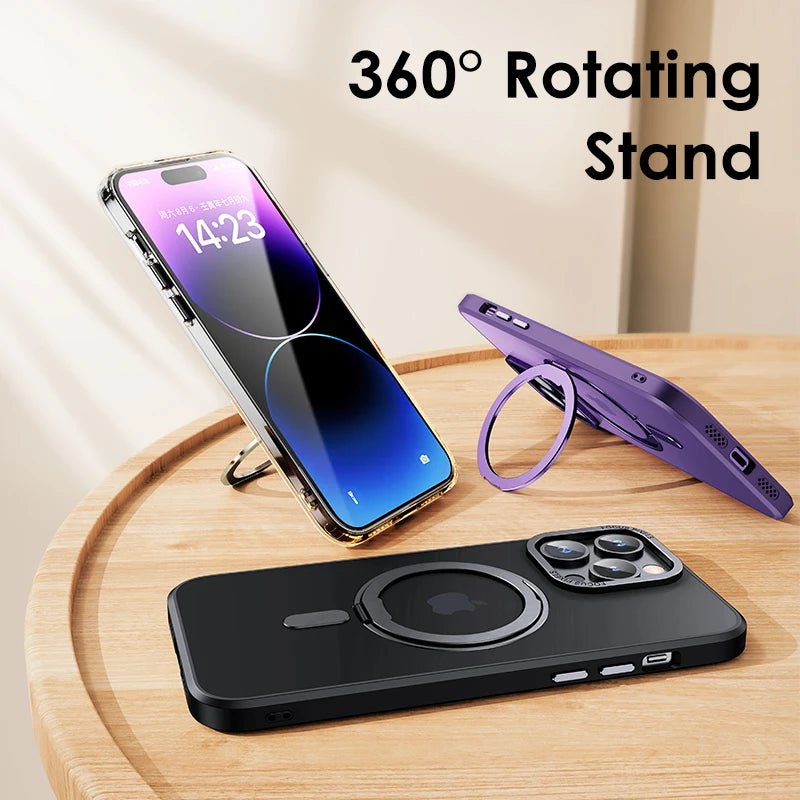 LuxeMag 360° Rotating Stand MagSafe iPhone Cases in black and purple, highlighting their kickstand functionality and sleek design. Shop best Otterbox or Spigen alternatives at YOLO Yard.