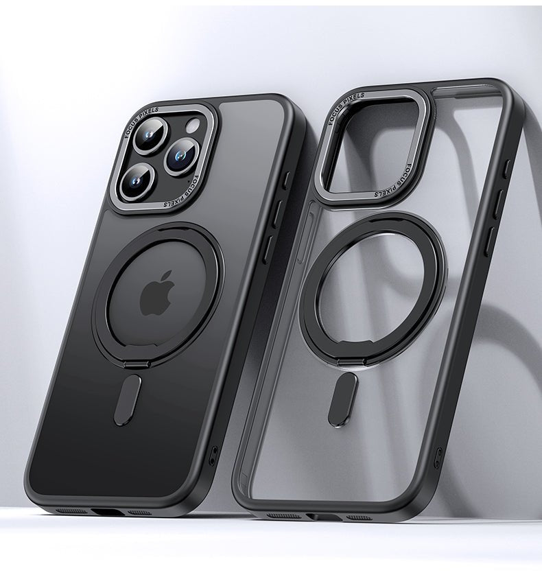 Matte black LuxeMag 360° Rotating Stand MagSafe iPhone Case with strong magnetic ring and sleek design, shown in front and back views. Shop best Otterbox or Spigen alternatives at YOLO Yard.