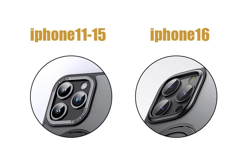 Comparison of LuxeMag 360° Rotating Stand MagSafe iPhone Cases for iPhone 11-15 and iPhone 16, focusing on camera cutout designs. Shop best Otterbox or Spigen alternatives at YOLO Yard.