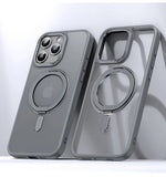 Gray LuxeMag 360° Rotating Stand MagSafe iPhone Case with anti-drop and magnetic charging compatibility, displayed in front and back views.Shop best Otterbox or Spigen alternatives at YOLO Yard.