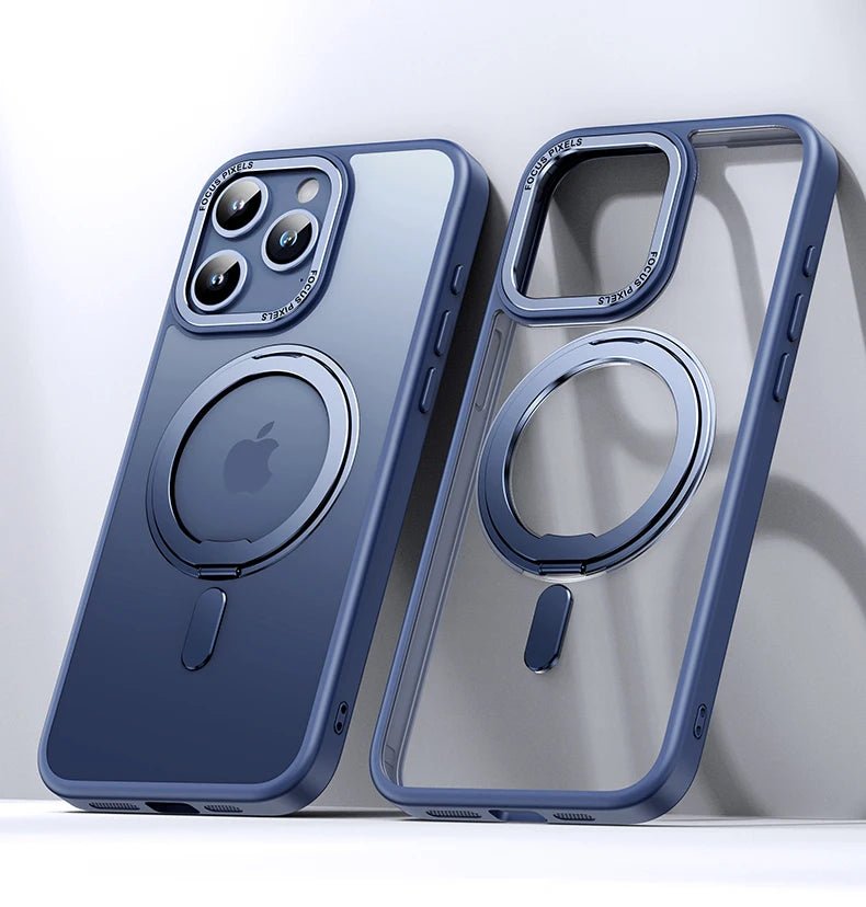 Blue LuxeMag 360° Rotating Stand MagSafe iPhone Case with shockproof and anti-slip grip, featuring front and back angles. Shop best Otterbox or Spigen alternatives at YOLO Yard.