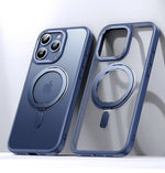 Blue LuxeMag 360° Rotating Stand MagSafe iPhone Case with shockproof and anti-slip grip, featuring front and back angles. Shop best Otterbox or Spigen alternatives at YOLO Yard.