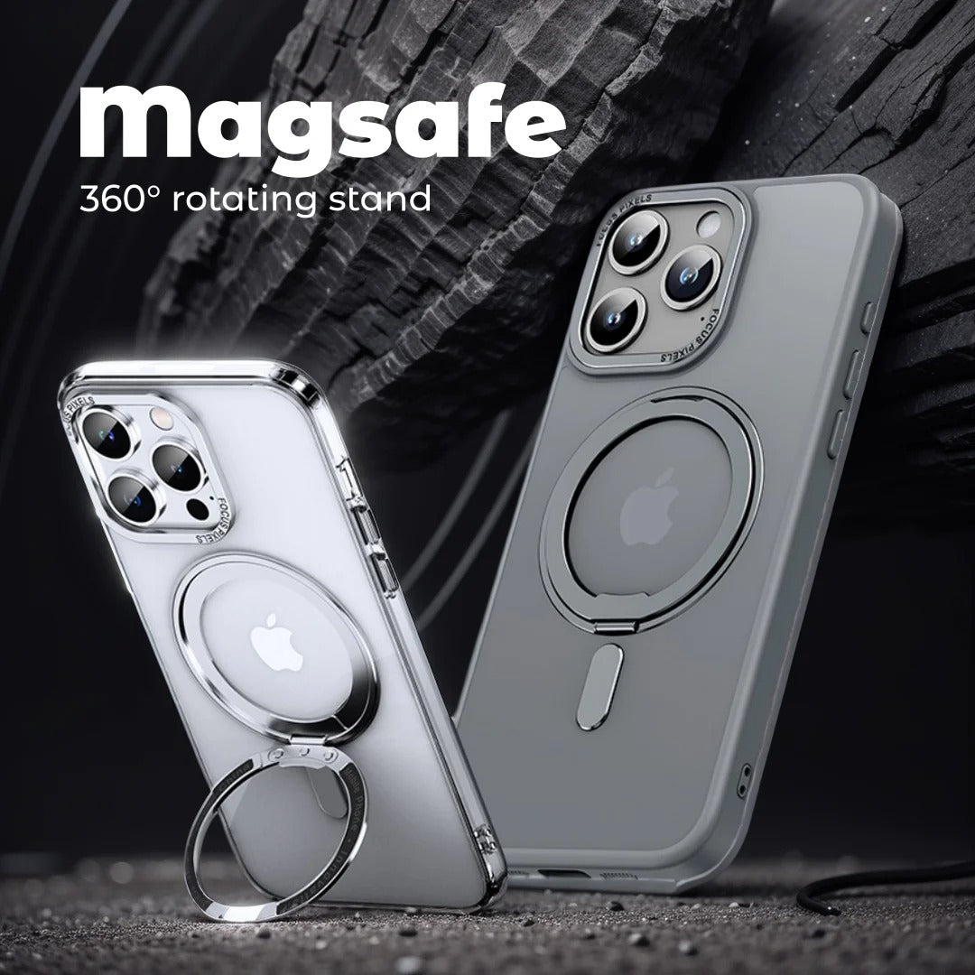 Gray and transparent LuxeMag 360° Rotating Stand MagSafe iPhone Cases with 360° rotating kickstands, displayed in a modern setting. Shop best Otterbox or Spigen alternatives at YOLO Yard.