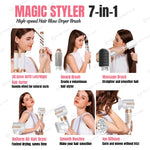 Magic Styler Pro 7-in-1 hair dryer brush showcasing its versatile attachments for curling, straightening, volumizing, and frizz-free styling.