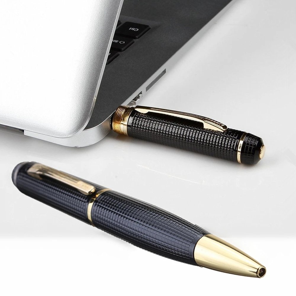 OmniSmart HD Video Recorder Pen connected to a laptop via USB, showcasing its rechargeable and portable functionality.