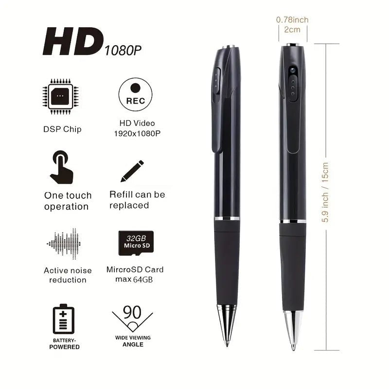 OmniSmart HD Video Recorder Pen specifications, including 1080P HD video, one-touch operation, and MicroSD compatibility up to 64GB.