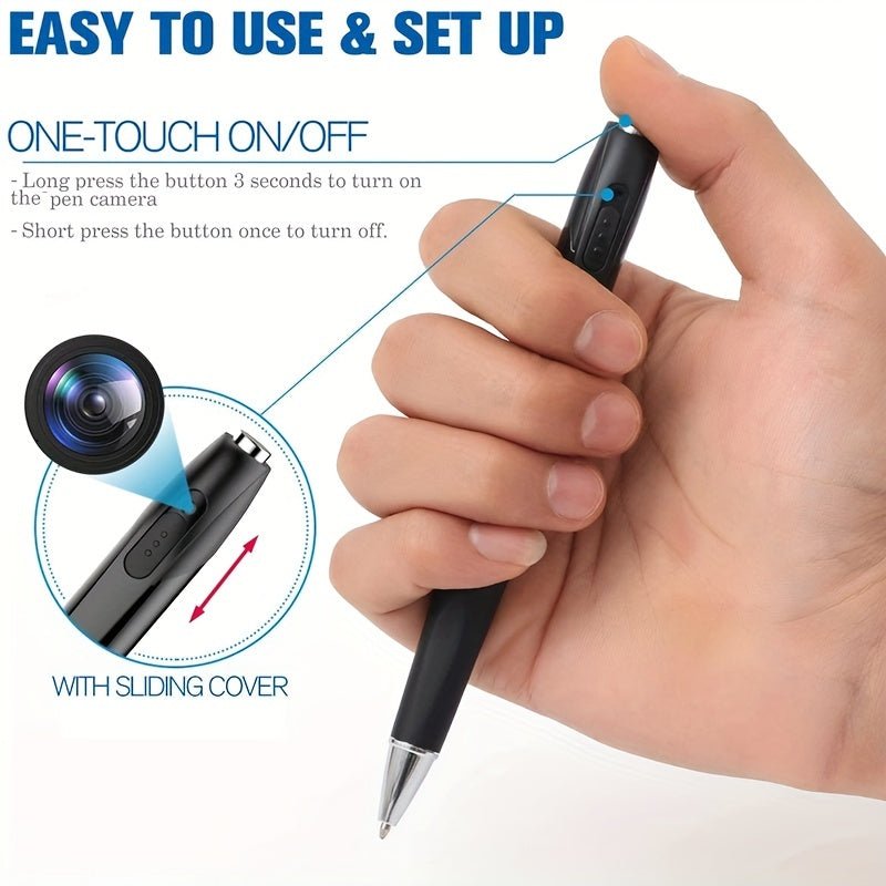 Hand holding OmniSmart HD Video Recorder Pen with sliding cover and one-touch on/off button for easy setup and use.