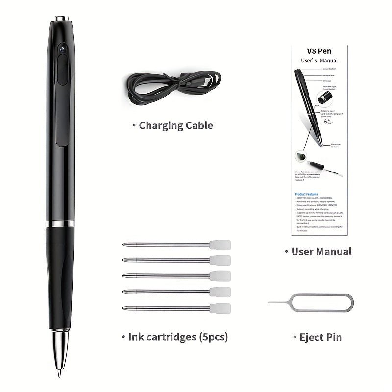 OmniSmart HD Video Recorder Pen accessories, including charging cable, ink cartridges, eject pin, and user manual for setup.