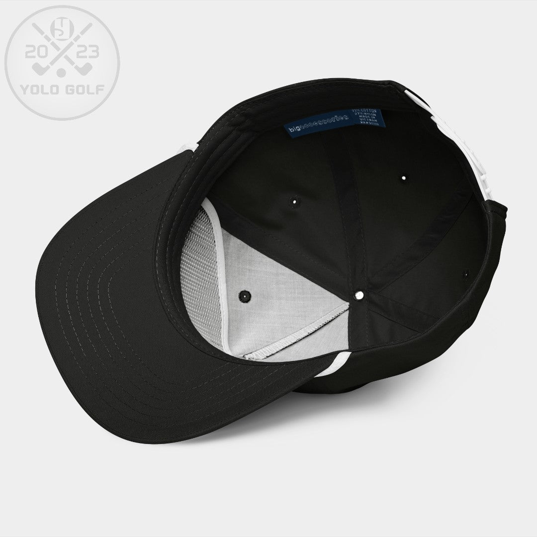 Interior view of black 'Out of Office' golf rope cap showing structured panels, breathable fabric, and YOLO Golf label.