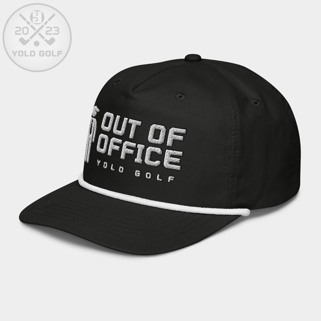 Angled view of black 'Out of Office' golf rope cap featuring silver 