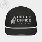 Black 'Out of Office' golf rope cap with silver and white embroidery, featuring a golf bag logo and 