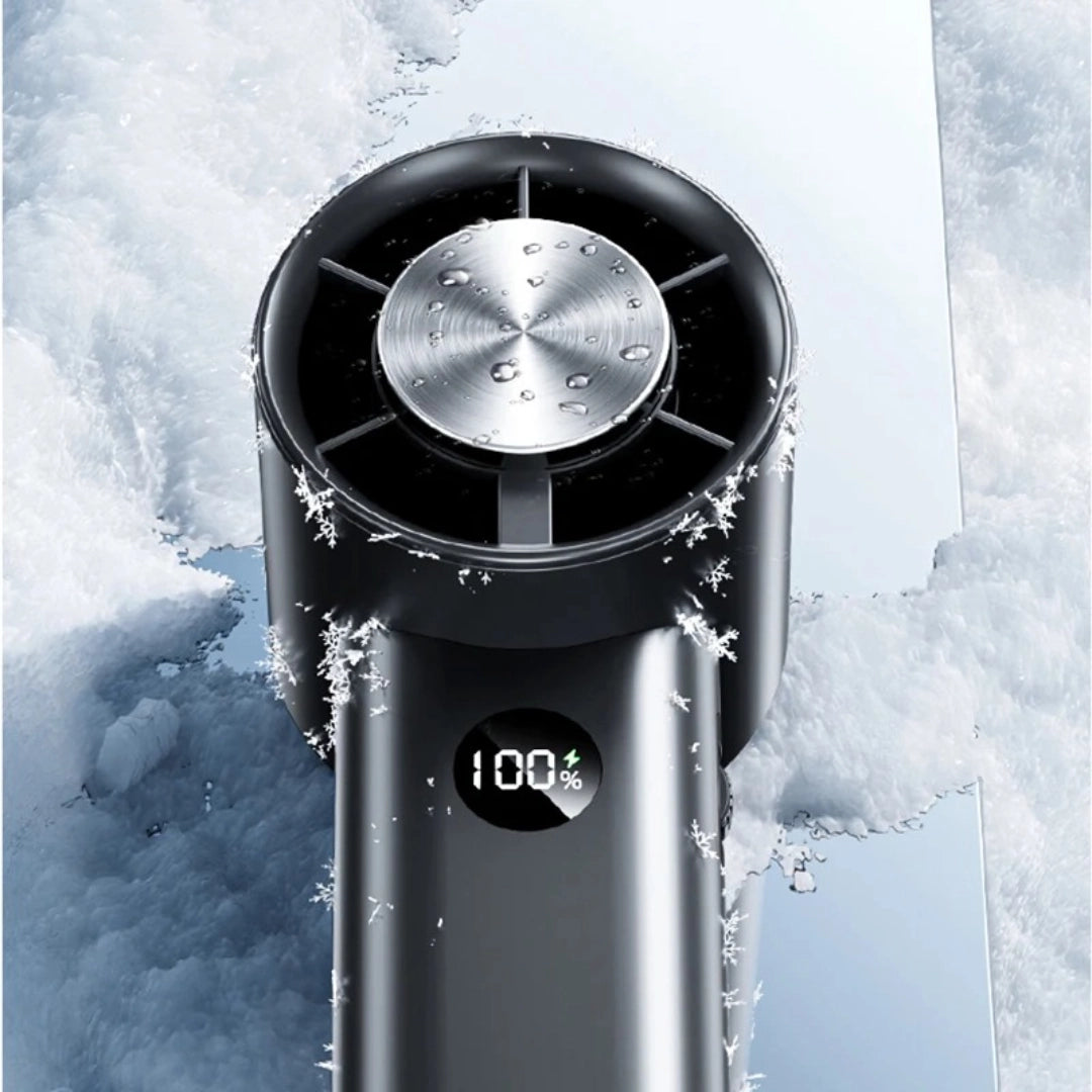 Black handheld turbo fan with frosted exterior, digital display, and icy cooling effect for high-performance airflow.