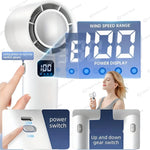 White handheld turbo fan with LED display showing wind speed, power switch, and adjustable speed settings for personal cooling.