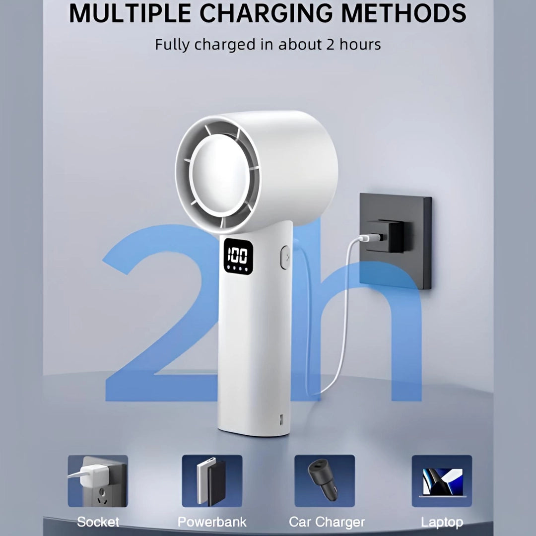 White handheld turbo fan charging via multiple methods, including socket, power bank, car charger, and laptop, fully charged in 2 hours.